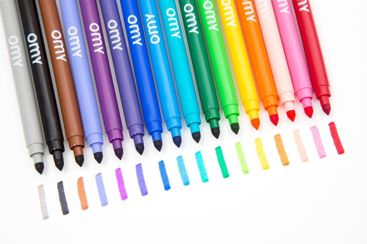A pack of 16 different colored, double tipped (large and small) washable markers.