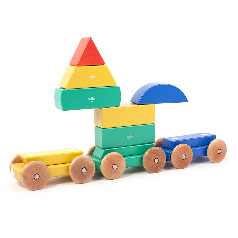 Enjoy three magnetically connected cars, a circle, a triangle, and a square. Sort and stack the blocks into their original shapes or mix and match to create your very own train. All pieces are magnetic and compatible with each other.