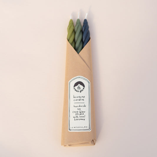 Set of three hand-crafted 9” beeswax candles. Made with pure beeswax, cotton wicks and natural dye. Comes in two color palettes: Dusk and Original