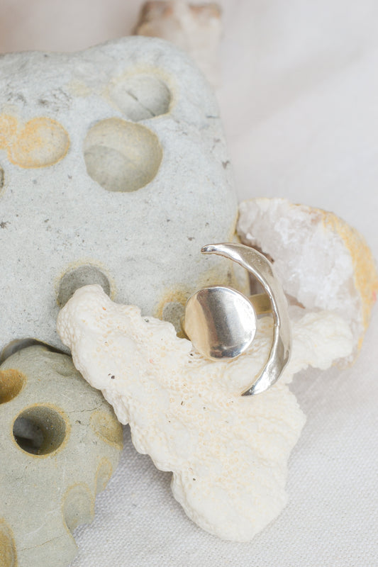 Handmade, sterling silver equinox ring: a symbol of the balance between the sun & moon, day & night, dark & light. Made sustainably in California by Amanda Hunt.