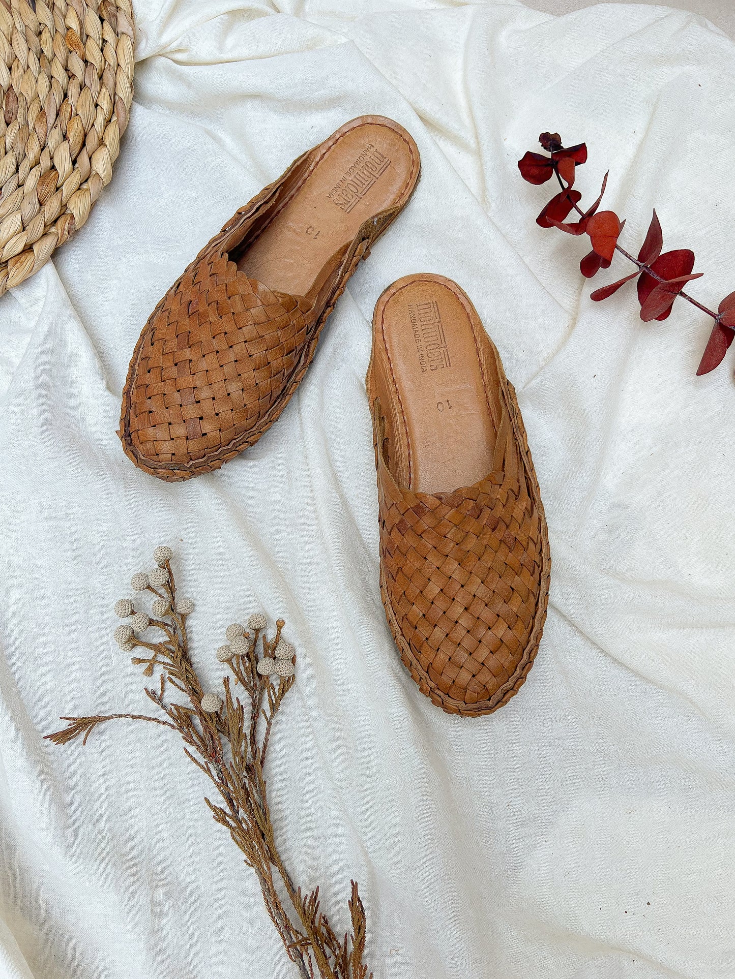 Woven Leather Slides in Honey