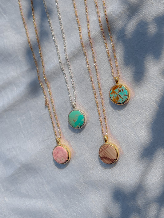 Handmade stone necklace featuring ethically sourced stones on gold-fill or sterling silver, sturdy figaro chain. These are heirloom pieces to hand down