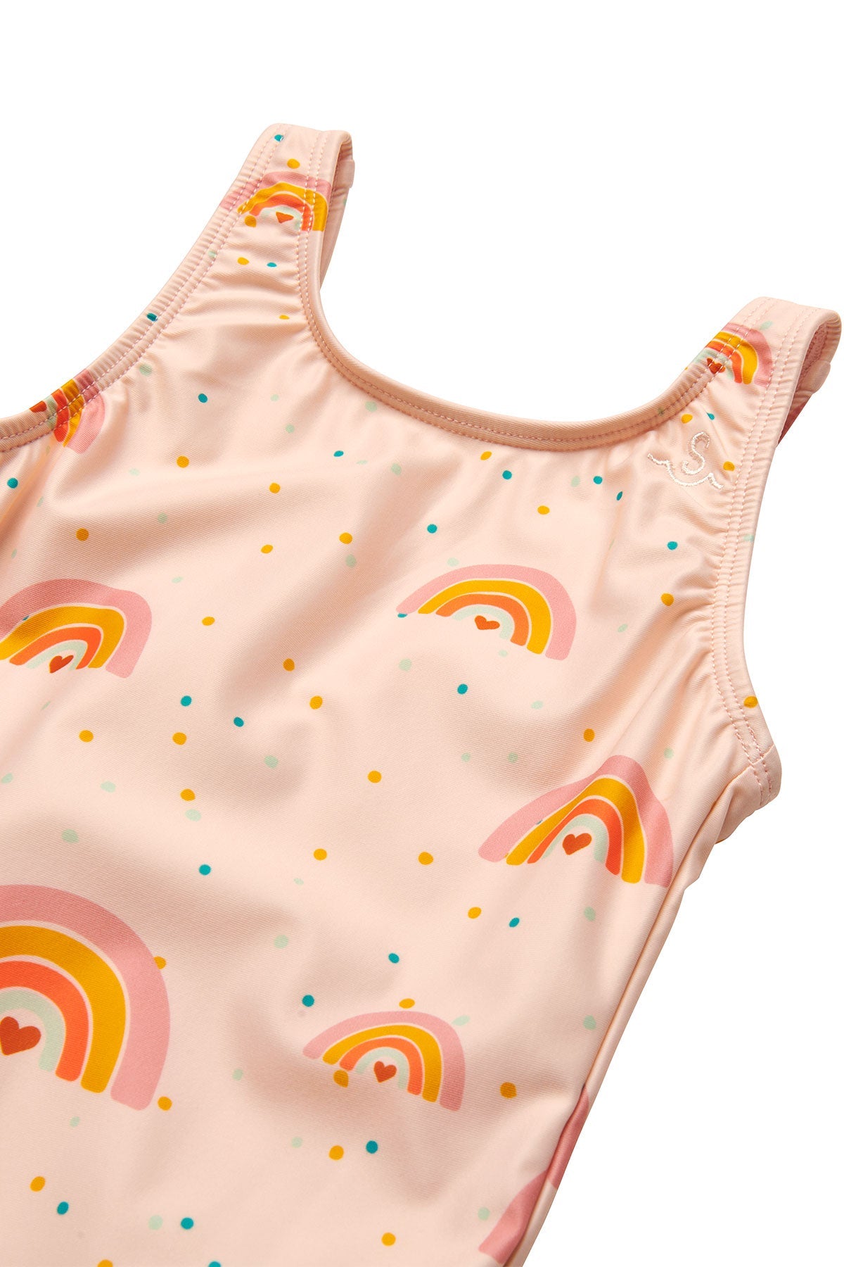 Custom rainbow print made exclusively for Seaesta Surf with a base color in a beautiful pastel pink. Seaesta Surf kids swimsuits are earth and performance conscious, featuring eco-friendly fabrics and a full coverage that stays in place while your little one plays.