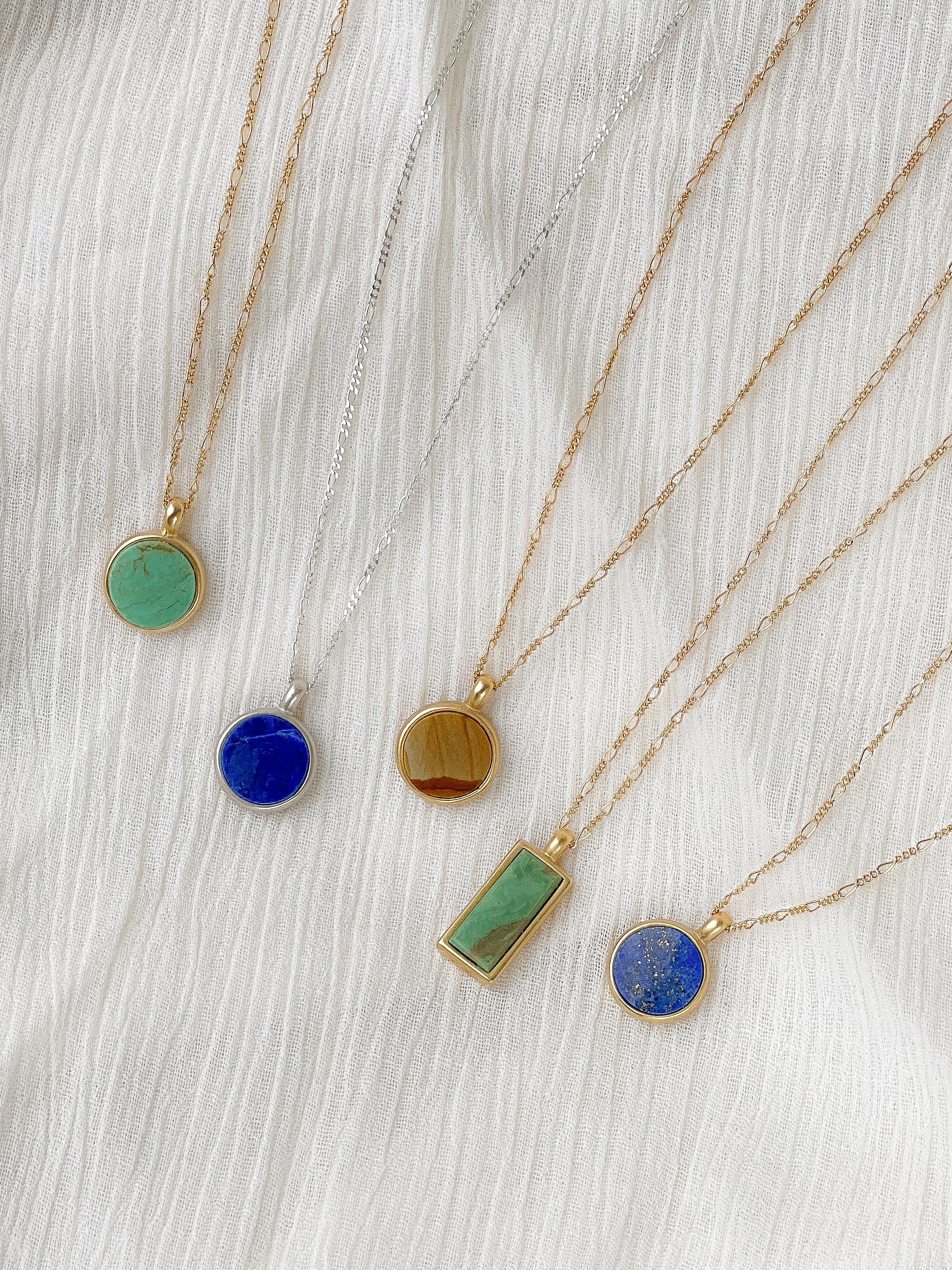 Handmade stone necklace featuring ethically sourced stones on gold-fill or sterling silver, sturdy figaro chain. These are heirloom pieces to hand down