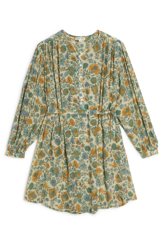 Louise misha shana dress : A feminine and bohemian shirt dress with a green toned floral print. Gathers at the shoulders with raglan sleeves for a flirty silhouette. Sewn in neutral slip for coverage.